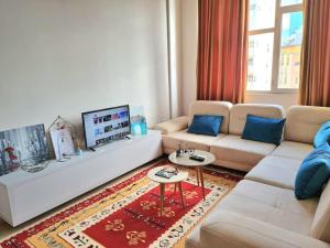 uma sala de estar com um sofá e uma televisão em Sunny Flat in the Center of Tirana, 2 min. walk em Tirana