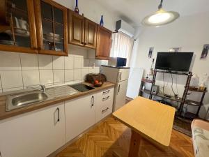 a kitchen with a sink and a refrigerator at Seaview apartment Mimice in Mimice
