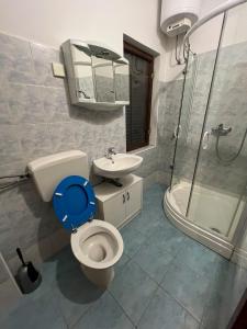 a bathroom with a toilet and a sink and a shower at Seaview apartment Mimice in Mimice