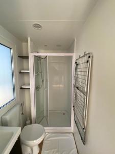 羅維尼的住宿－Mobile Homes Adriatic , Campsite Porton Biondi -Rovinj，带淋浴和卫生间的白色浴室