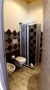 a bathroom with a toilet and a shower at Casanuova Flat, City Center in Olbia