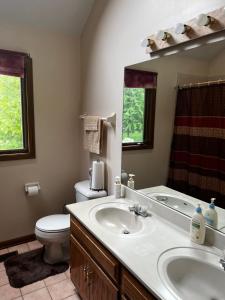un bagno con lavandino, water e specchio di Quiet and spacious Room1 a Bolingbrook