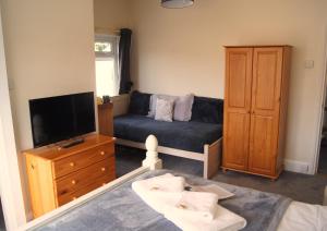 uma sala de estar com um sofá e uma televisão em Braemar em Shanklin