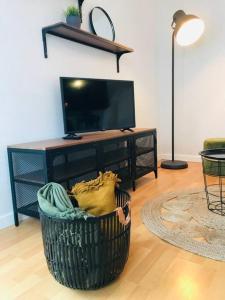 a living room with a tv and a basket at le Garden de plein pied in Mainvilliers