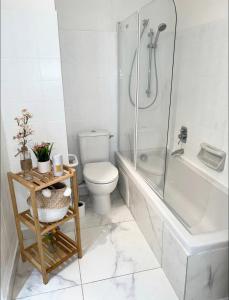 ein weißes Bad mit einem WC und einer Dusche in der Unterkunft Charmant 2 pièces à deux pas de la Croisette in Cannes