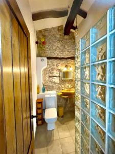 a bathroom with a toilet and a stone wall at La Casuna de la Una in Olba