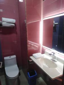 a bathroom with a sink and a toilet and a mirror at Lagoonbeachhotel in Keta