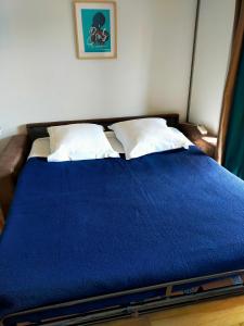 イエールにあるleflamantduportのベッド(青い掛け布団、枕付)