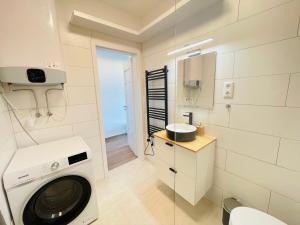 a washing machine in a bathroom with a sink at Panorama Superior Apartments - Pool, garden, parking in Balatonalmádi