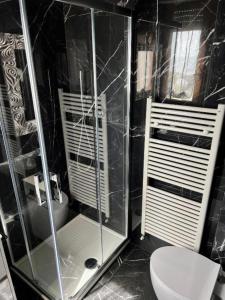 Un baño con ducha de cristal y un inodoro. en Residence Paradiso Bilocale 204, en Moneglia 4 fotos más