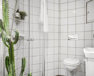 a white tiled bathroom with a toilet and a cactus at steinkjellergaten in Bergen