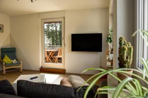 a living room with a couch and a flat screen tv at am Hohlebach in Schliengen