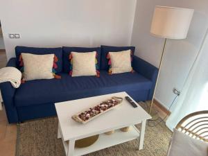 拉哈雷斯的住宿－Casa Alaia，客厅配有一张蓝色的沙发,配有一张桌子