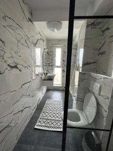 a bathroom with a toilet and a marble wall at Apartamente Ariniș in Gura Humorului