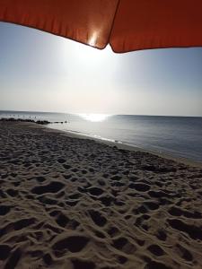 un ombrellone su una spiaggia sabbiosa con l'oceano di Meta a Metaponto