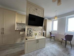 a kitchen with a tv and a tub in a room at Blue Joy Bukovina Aparthotel in Suceava