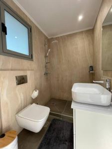 La salle de bains est pourvue de toilettes blanches et d'un lavabo. dans l'établissement Μοντέρνα εξοχική μονοκατοικία με ιδιωτική πισίνα!, à Khalkoútsion