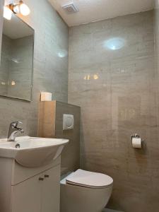 a bathroom with a sink and a toilet and a mirror at Holiday Home Blanka in Neum