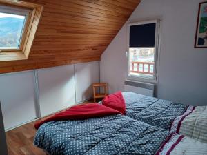 um quarto com uma cama e duas janelas em Appartement duplex classé 4 étoiles plein centre village em Saint-Lary-Soulan