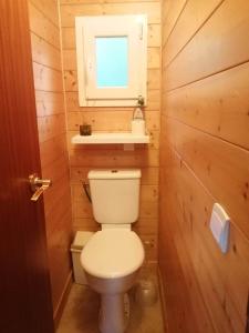 a small bathroom with a toilet and a window at Le Chalet de Lilie in Bassignac