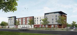 an artist rendering of a proposed apartment complex on a street at Hyatt Place Sacramento International Airport in Sacramento