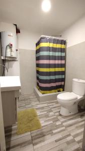 a bathroom with a toilet and a shower curtain at La Pascuala in Balneario Claromecó +23 photos