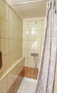 a bathroom with a shower with a shower curtain at Niki's apartement in Kavala