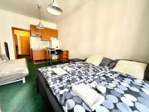 una camera con letto blu e bianco e una cucina di Centrum Bohemia Studio a Praga