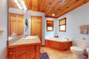 a bathroom with a sink and a tub and a toilet at Our Mountain Blessing - STR License #026,912 in Mashburn Mill +30 photos