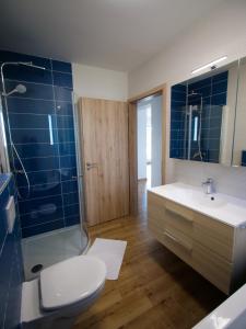uma casa de banho com um WC, um lavatório e um chuveiro em Zea Apartmanház em Balatonfenyves