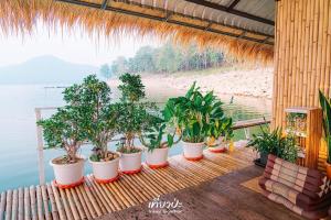una fila de plantas en macetas sentadas en una cubierta junto al agua en Hometown Riverview - โฮมทาวน์ ริเวอร์วิว, en Si Sawat