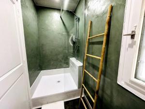 ein Bad mit einer Dusche und einer Glastür in der Unterkunft Maison de village sur les chemins de Compostelle in Saint-Gilles