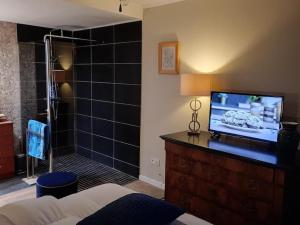 a bedroom with a television and a bathroom with a shower at La Bastide in Bouzigues