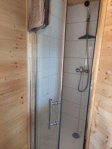 a shower with a glass door in a bathroom at Domus Mare domek holenderski in Wisełka