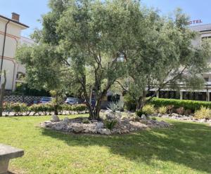 a tree in the middle of a park with grass and rocks at Villa Lisa - La quiete e il profumo del mare in Grado