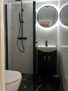 a bathroom with a toilet and a sink and a mirror at MK8 Apartment in Bergen