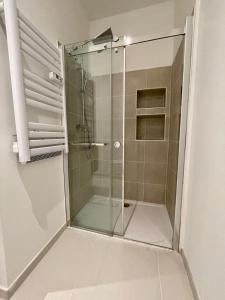 een douche met een glazen deur in de badkamer bij Appartemment Nimes Arènes in Nîmes