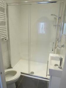 a bathroom with a shower and a toilet and a sink at Apartment with Roof Terrace - Centre of Yarmouth in Yarmouth