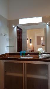 a bathroom counter with a sink and a mirror at Pousada Vila Caju in São Miguel do Gostoso