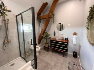 y baño con ducha, aseo y lavamanos. en Gîte "Le Loft", en Chamblet
