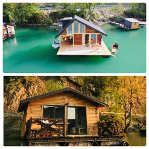 Lake House Perucac في Rastište: صورتين لبيت صغير على بحيرة