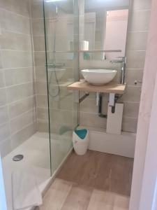 a bathroom with a sink and a glass shower at Studio With Balcony Overlooking The Port in Grimaud