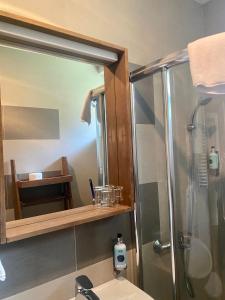 a bathroom with a shower and a sink at Apartman 20, Brzeće Centar in Brzeće