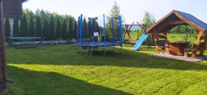 a yard with a playground with a blue trampoline at Witówka Bieliny in Bieliny
