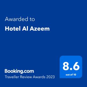 a blue text box with the words awarded to hotel aza agent at Hotel Al Azeem in Ayubia