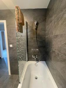 La salle de bains est pourvue d'une baignoire et d'une douche. dans l'établissement Sun-House Pension&Restaurant -ParkingFree-, à Prague
