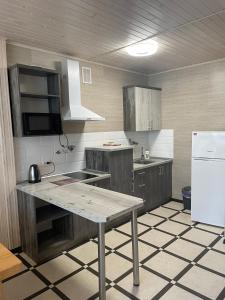 布克維的住宿－Приватна садиба Соломія，厨房配有桌子和白色冰箱。