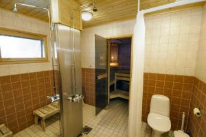 a bathroom with a toilet and a shower and a sink at Tunturikeskus Galdotieva in Leppäjärvi
