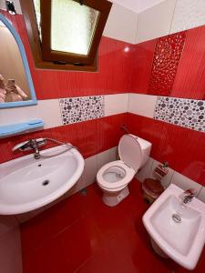 a red bathroom with a toilet and a sink at Marios Rooms in Vlorë