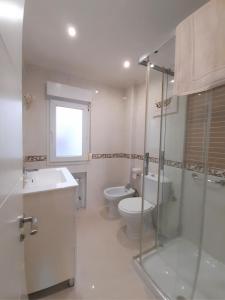 ein Bad mit einem WC, einem Waschbecken und einer Dusche in der Unterkunft Gran apartamento 7 plazas centro de Oviedo-OV4729 in Oviedo